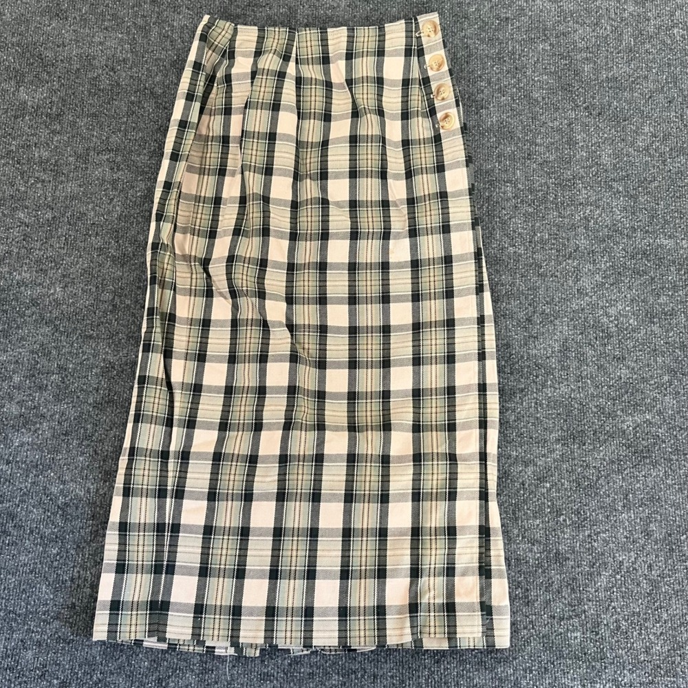 Talbots Petites Plaid Cotton Midi Skirt Tan Green Black Side Button Size 2P